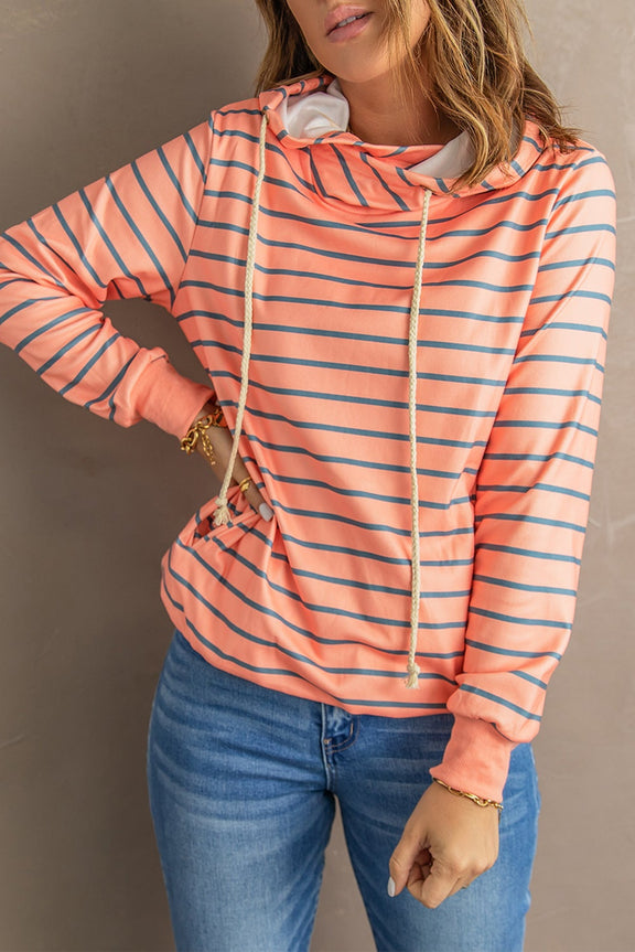 Cute Orange Striped Turtleneck Hoodie with Pocket