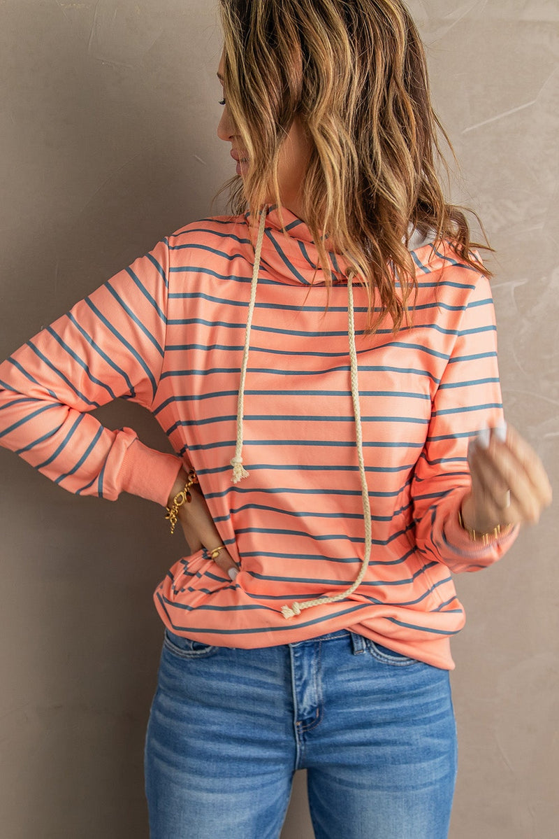 Cute Orange Striped Turtleneck Hoodie with Pocket