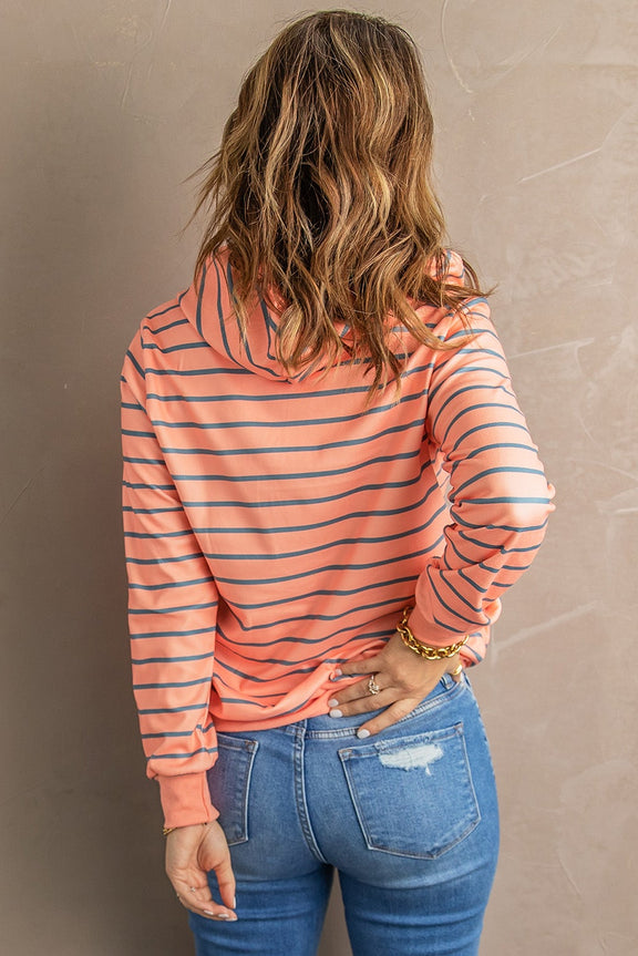 Cute Orange Striped Turtleneck Hoodie with Pocket