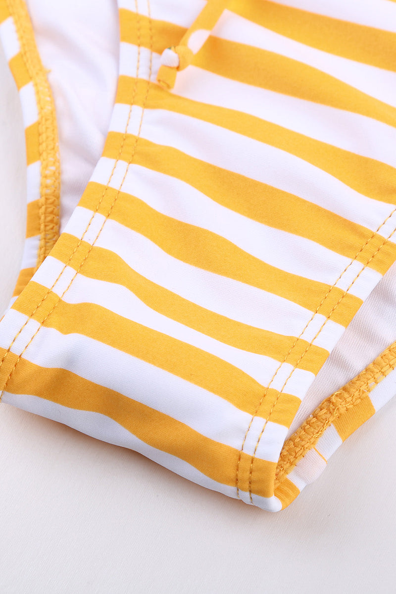 Cute Yellow Floral and Striped Lace-up One-piece Swimwear