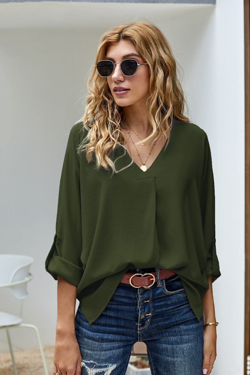 Elegant Army Green V Neck 3/4 Sleeve High Low Hem Blouse