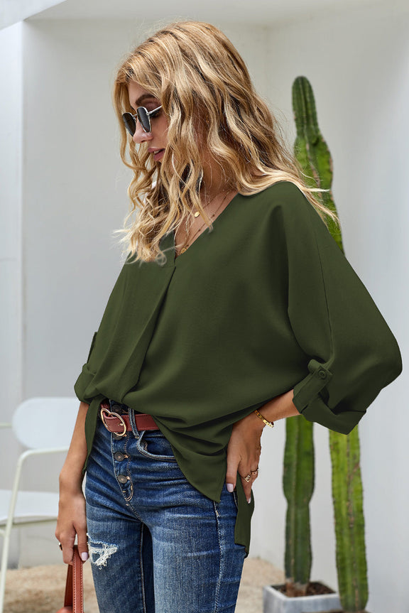 Elegant Army Green V Neck 3/4 Sleeve High Low Hem Blouse