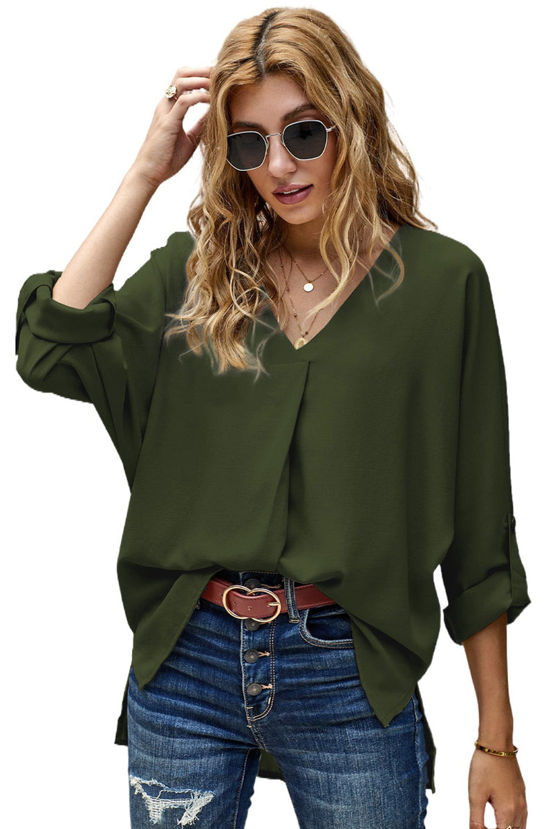 Elegant Army Green V Neck 3/4 Sleeve High Low Hem Blouse