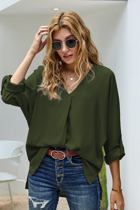 Elegant Army Green V Neck 3/4 Sleeve High Low Hem Blouse