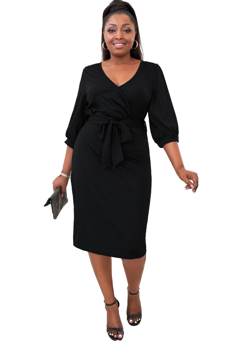 Elegant Black Puff Sleeve Wrap V Neck Plus Size Midi Dress