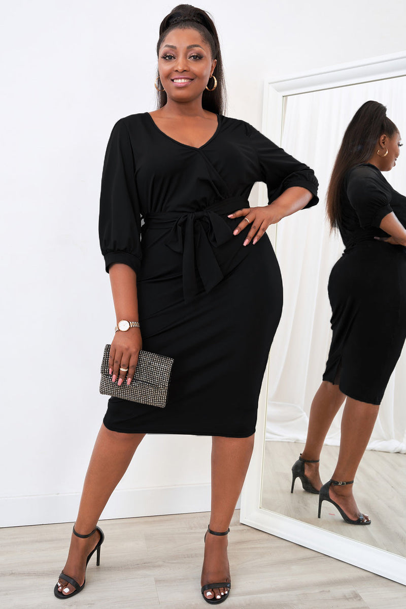 Elegant Black Puff Sleeve Wrap V Neck Plus Size Midi Dress