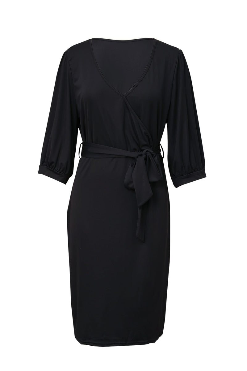 Elegant Black Puff Sleeve Wrap V Neck Plus Size Midi Dress