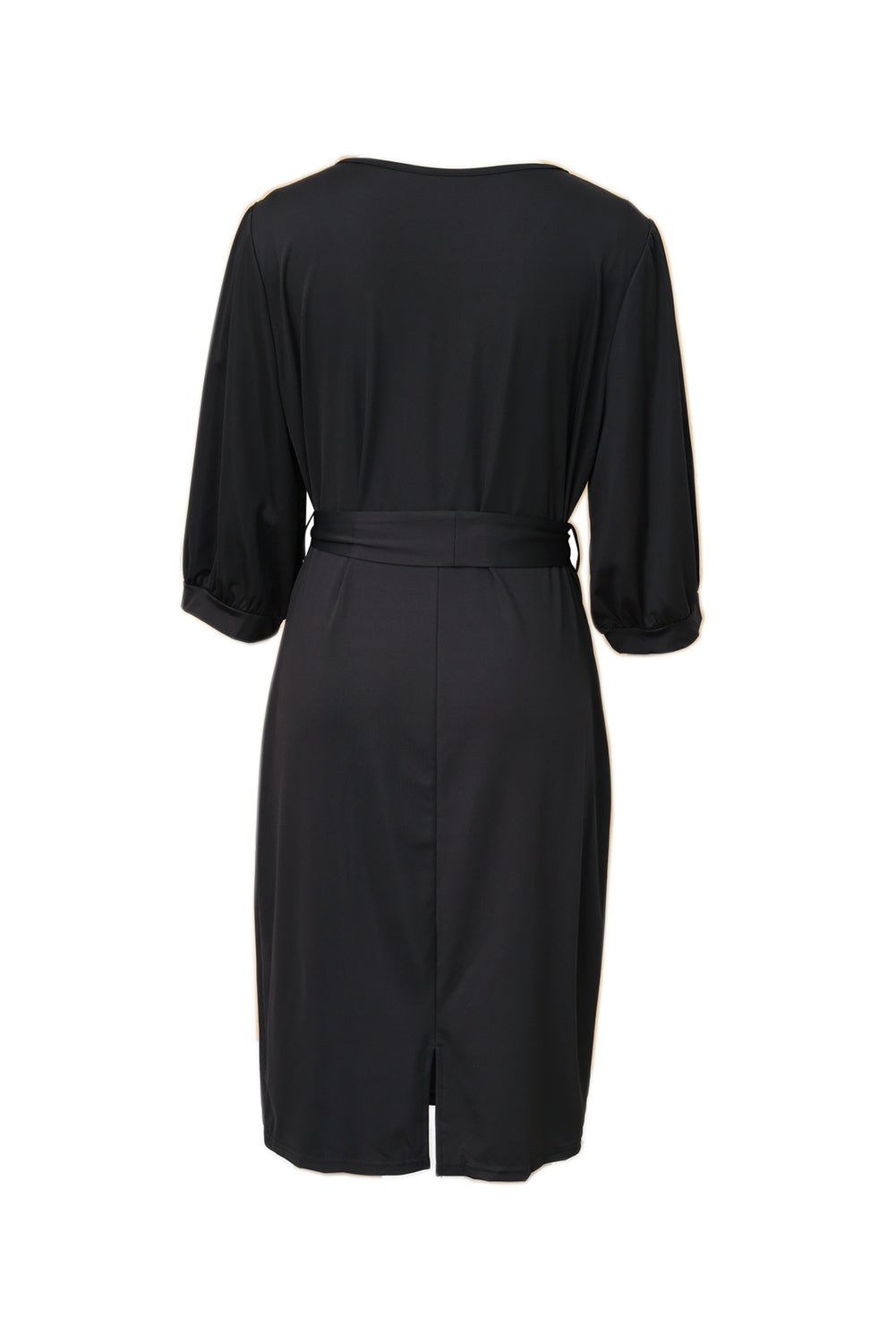 Elegant Black Puff Sleeve Wrap V Neck Plus Size Midi Dress