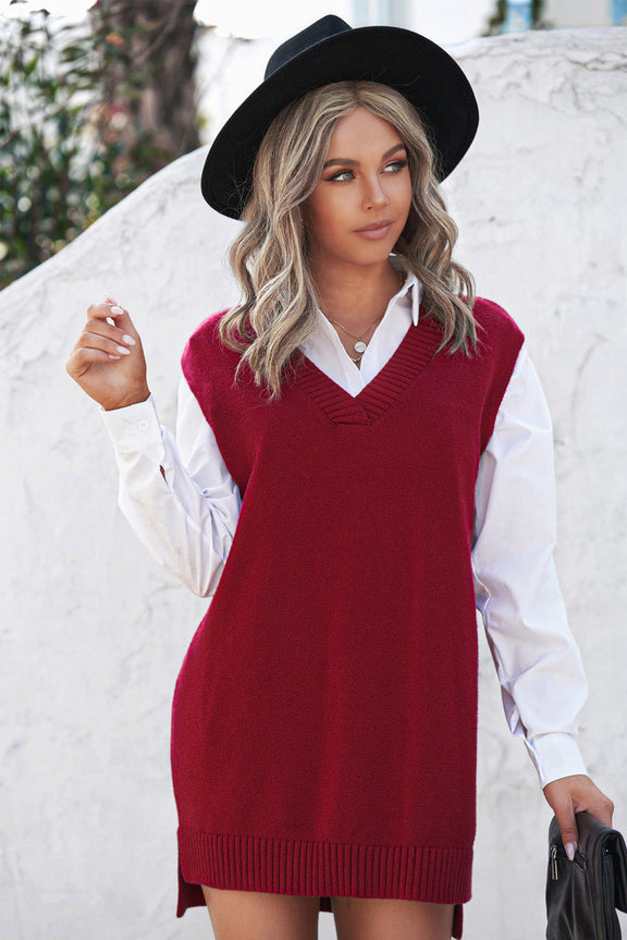 Fall Red Knit Pullover Sweater Vest