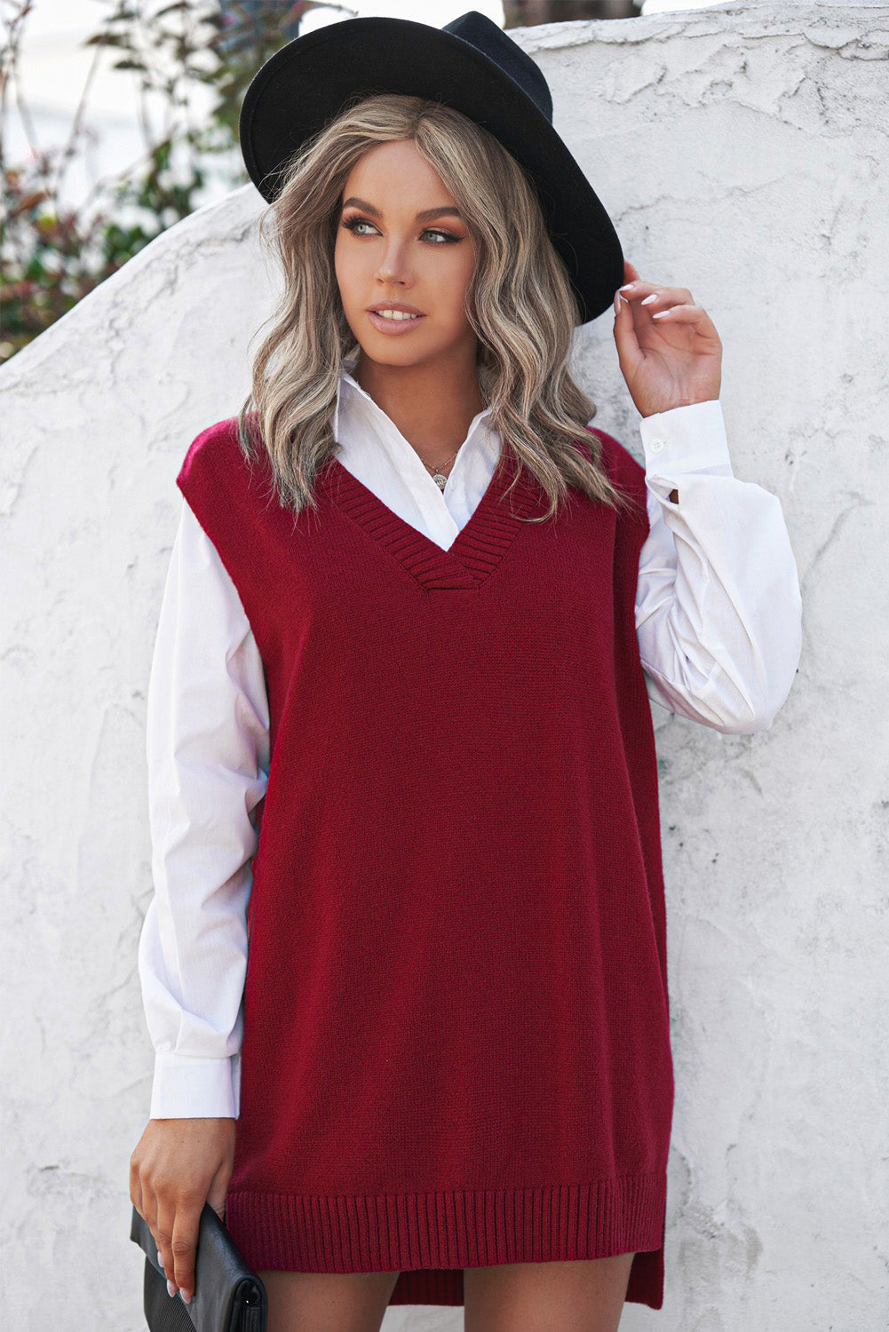 Fall Red Knit Pullover Sweater Vest