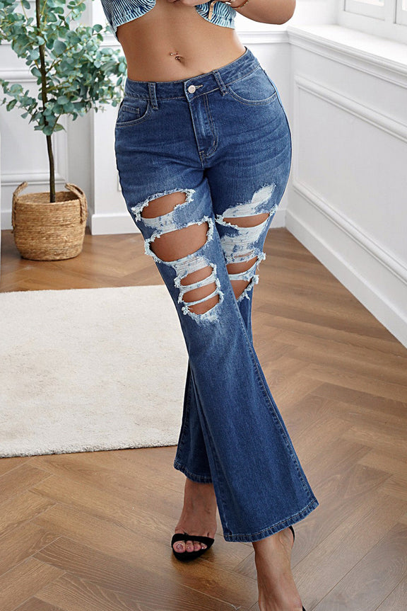 Fashion Blue High Waist Distressed Bell Jeans