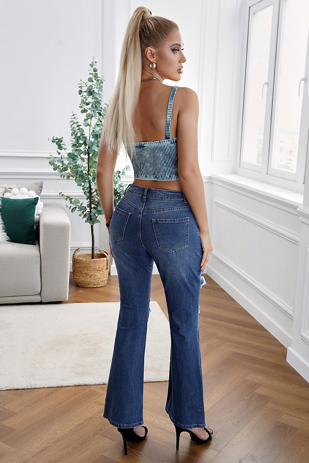 Fashion Blue High Waist Distressed Bell Jeans