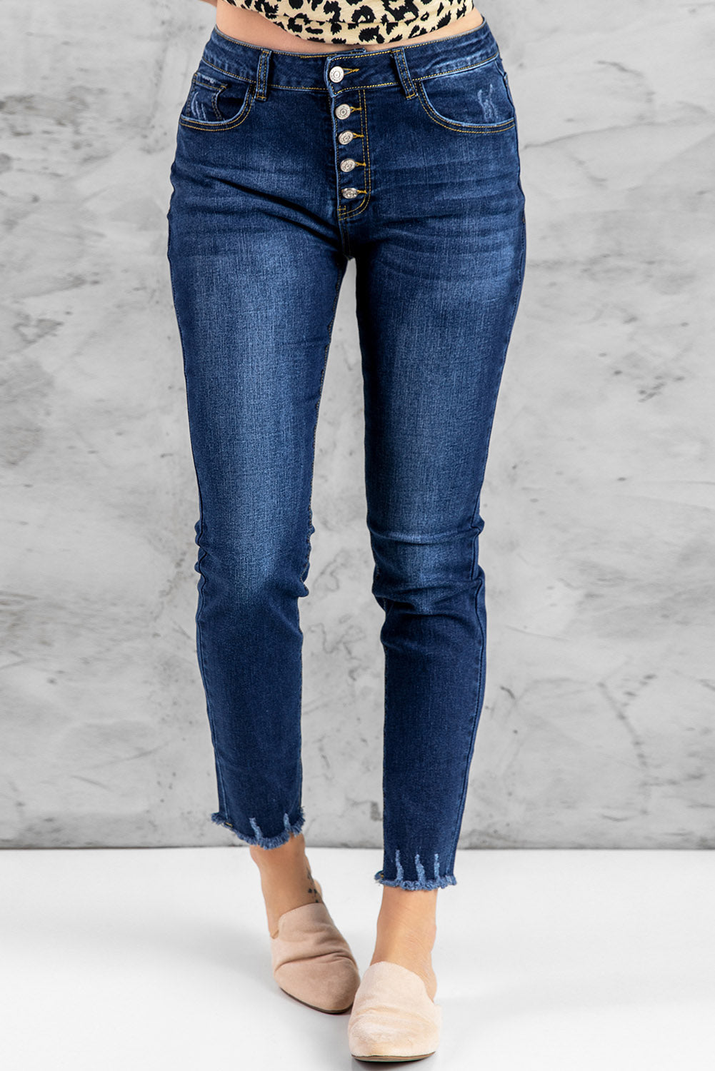 Fashion Dark Blue High Waisted Buttons Jeans