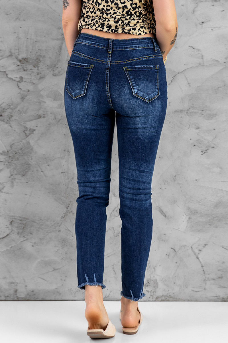 Fashion Dark Blue High Waisted Buttons Jeans