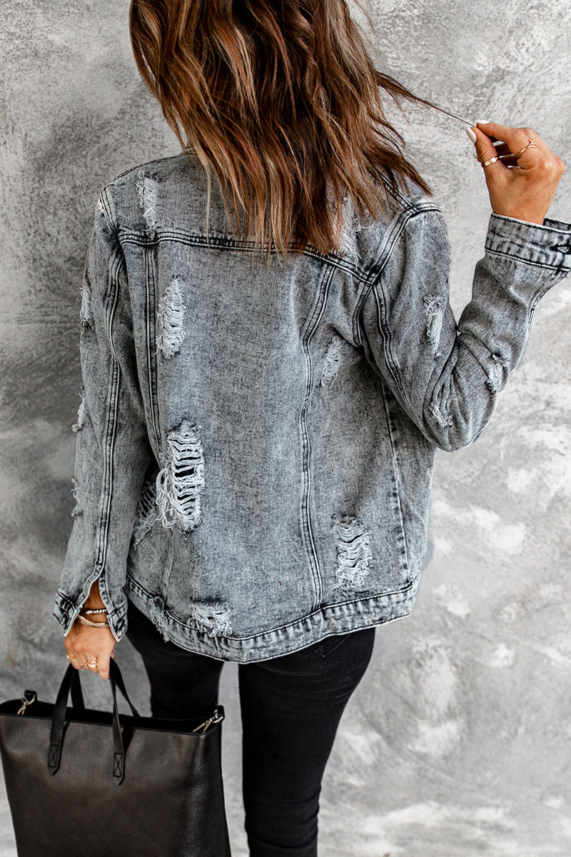 Fashion Gray Distressed Buttons Washed Jean Jacket