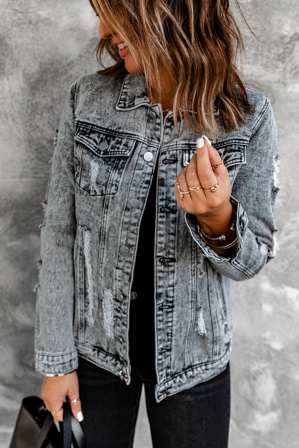 Fashion Gray Distressed Buttons Washed Jean Jacket