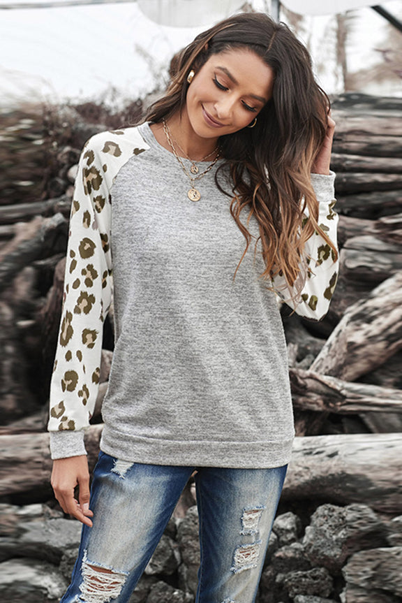 Fashion Gray Round Neck Leopard Long Sleeve Top