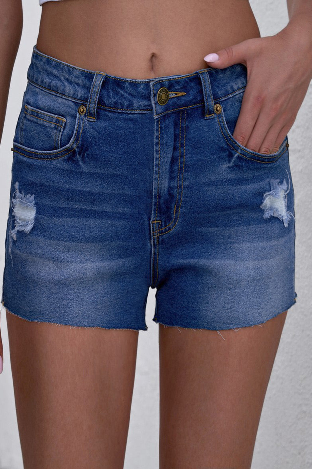 Fashion Women Blue High Rise Distressed Denim Shorts with Pockets