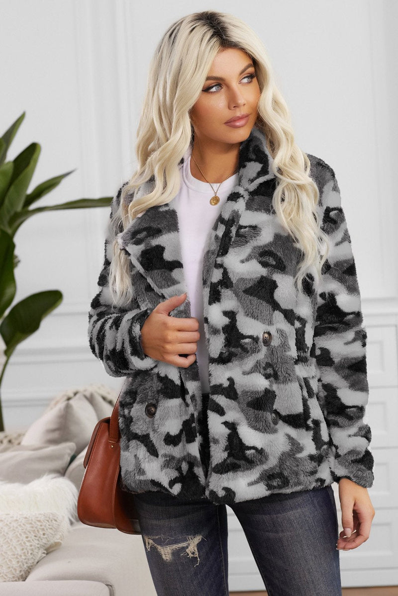 Winter Gray Camo Lapel Collar Open Front Fleece Coat