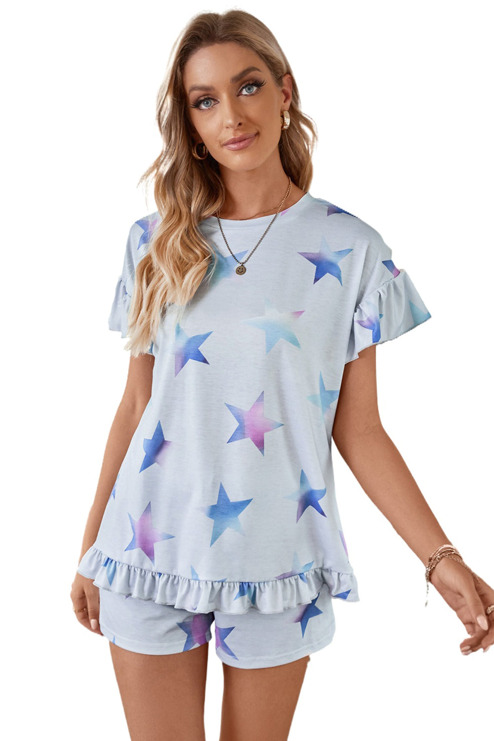 Gray Star Print Ruffled Short Sleeve Tee and Drawstring Shorts Lounge Set