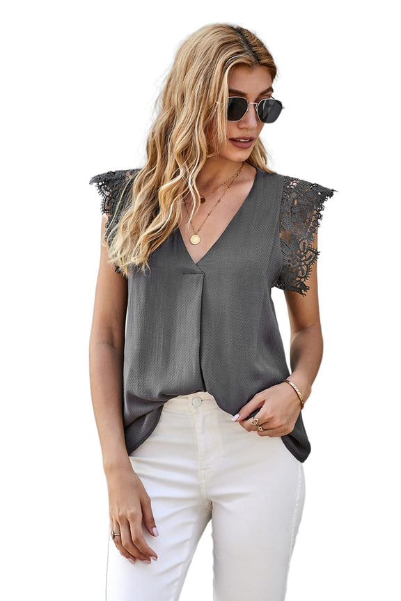 Gray Summer Sleeveless V Neck Lace Blouse