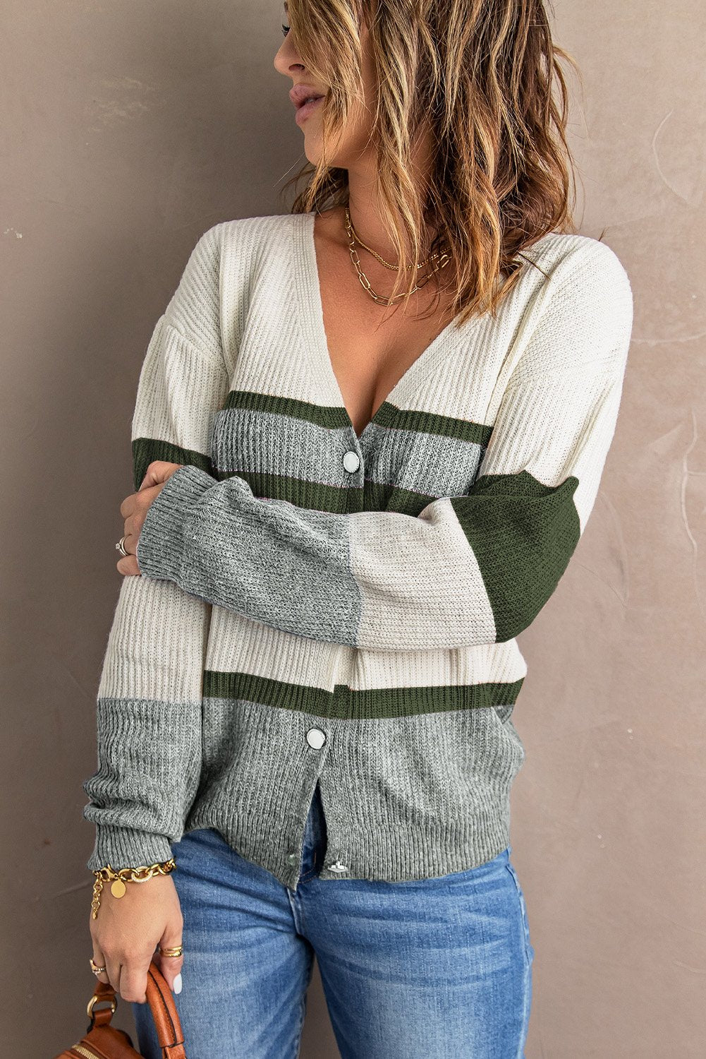 Green Button Closure Colorblock Knit Sweater