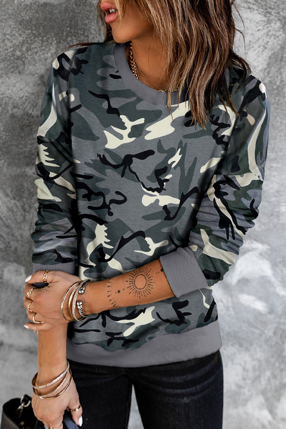 Womens Green Camouflage Pullover Sweatshirt