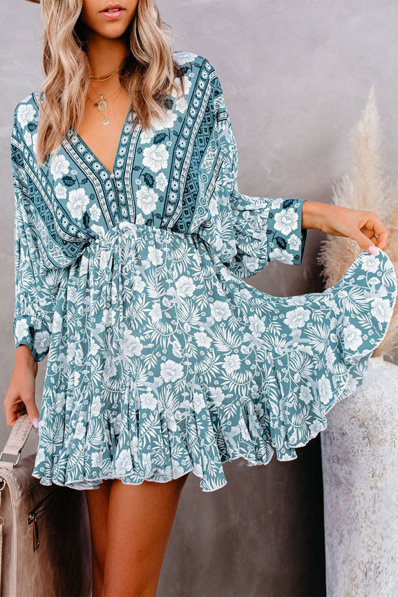 Green Deep V Neck 3/4 Sleeve Bohemian Vintage Floral Print Mini Dress