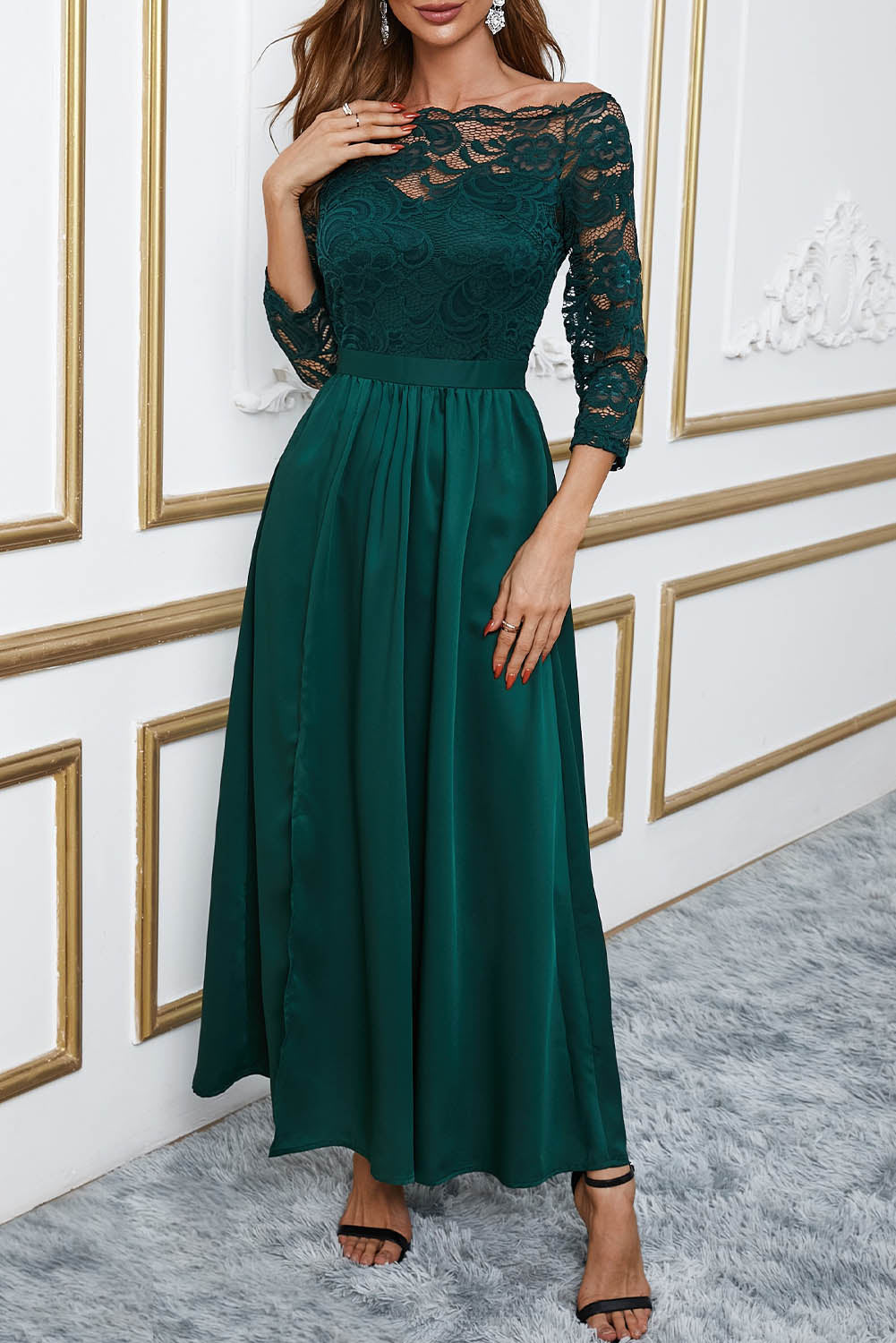 Green Off Shoulder Lace Bodice Long Evening Dress