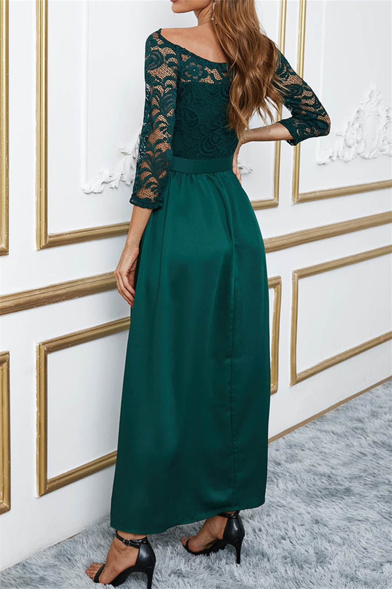 Green Off Shoulder Lace Bodice Long Evening Dress