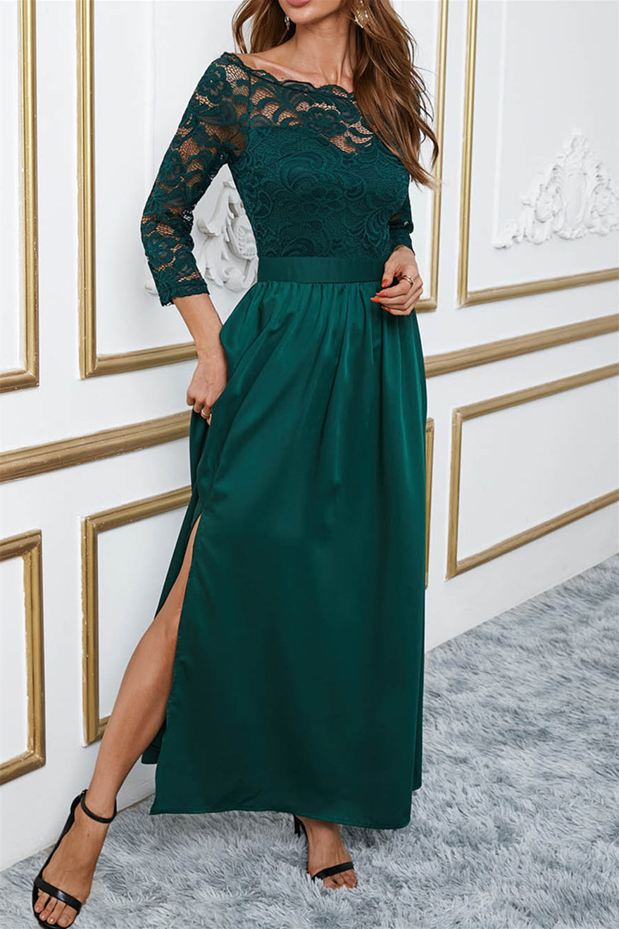 Green Off Shoulder Lace Bodice Long Evening Dress