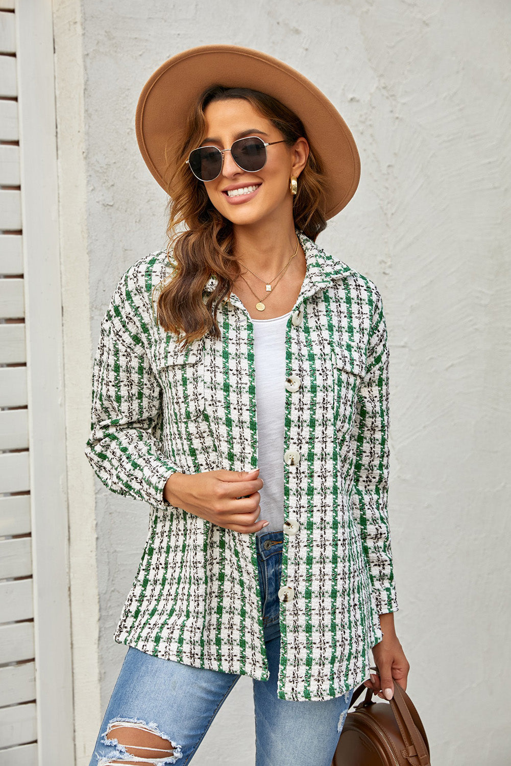 Green Plaid Pocket Knitted Shacket