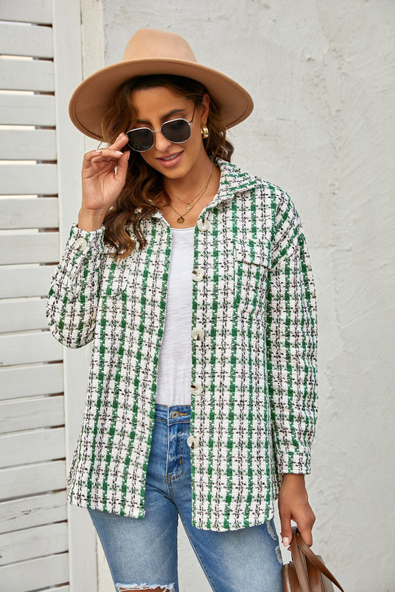 Green Plaid Pocket Knitted Shacket