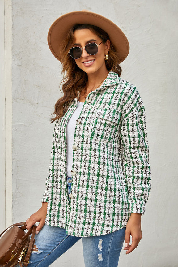 Green Plaid Pocket Knitted Shacket