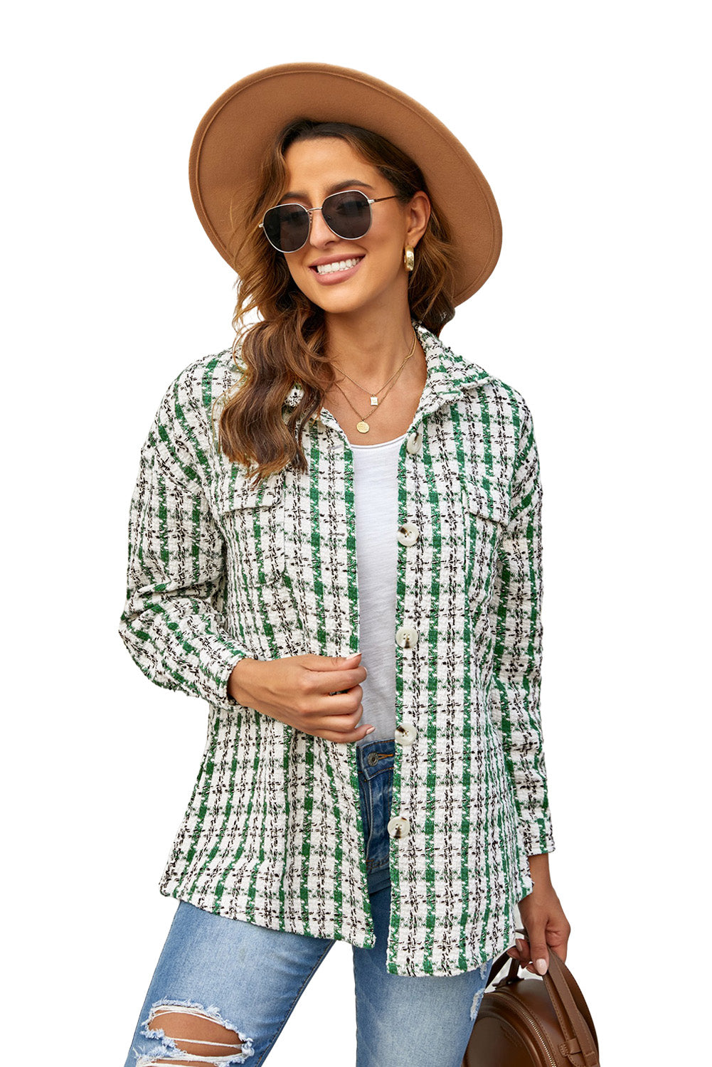 Green Plaid Pocket Knitted Shacket