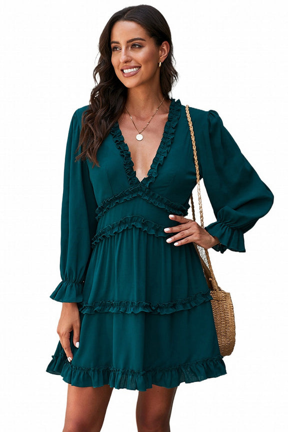 Green V Neck Ruffle Detailing Open Back Long Sleeve Dress