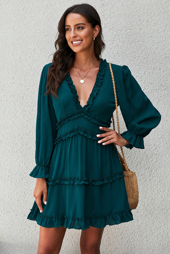 Green V Neck Ruffle Detailing Open Back Long Sleeve Dress