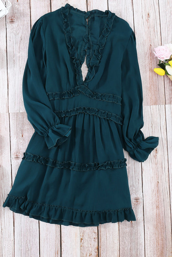 Green V Neck Ruffle Detailing Open Back Long Sleeve Dress