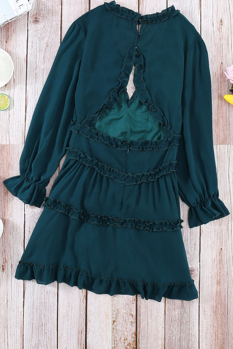 Green V Neck Ruffle Detailing Open Back Long Sleeve Dress