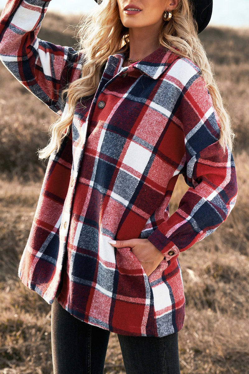 High Quality Red Plaid Print Buttoned Shirt Jacket