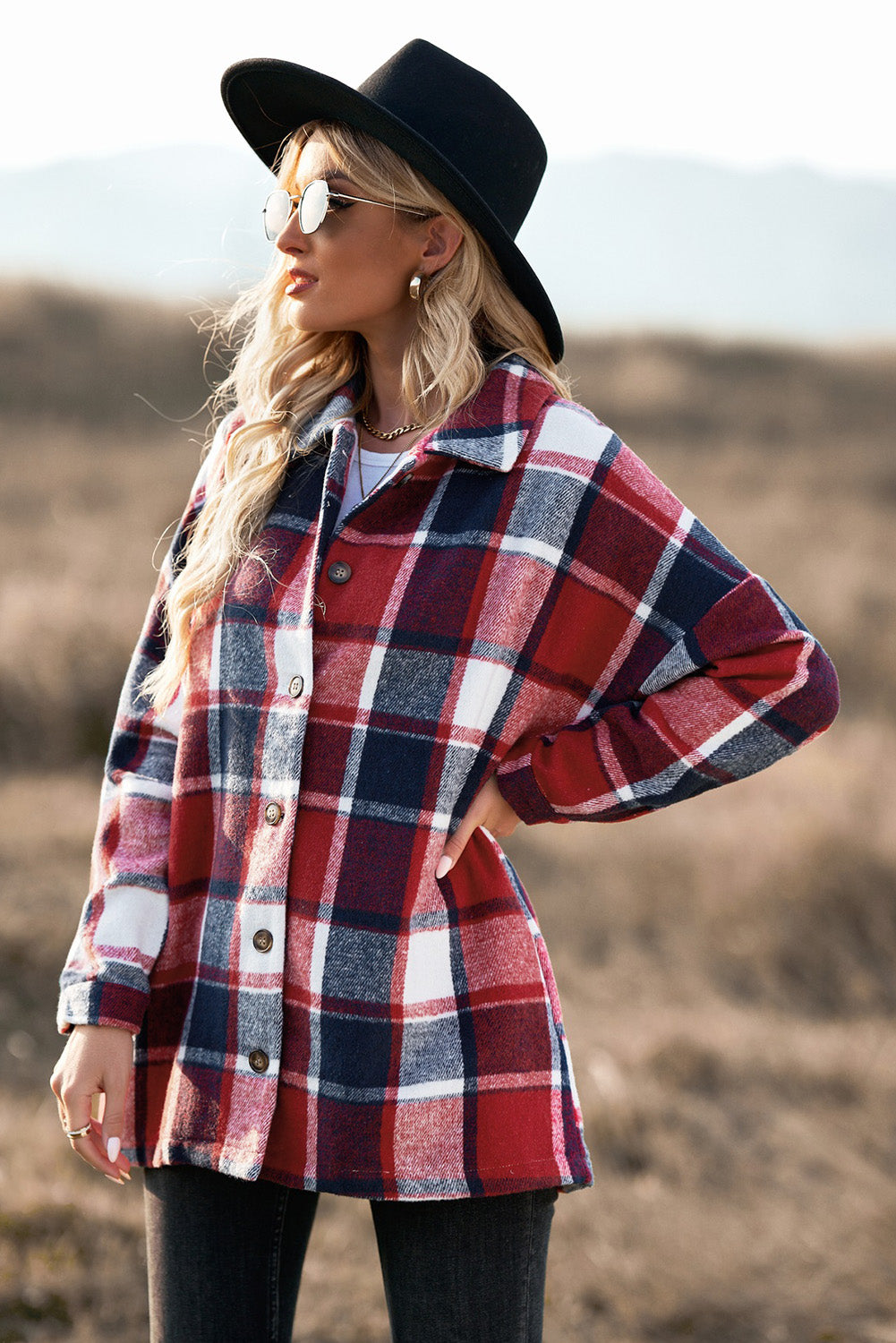 High Quality Red Plaid Print Buttoned Shirt Jacket