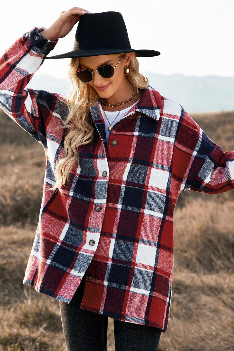 High Quality Red Plaid Print Buttoned Shirt Jacket