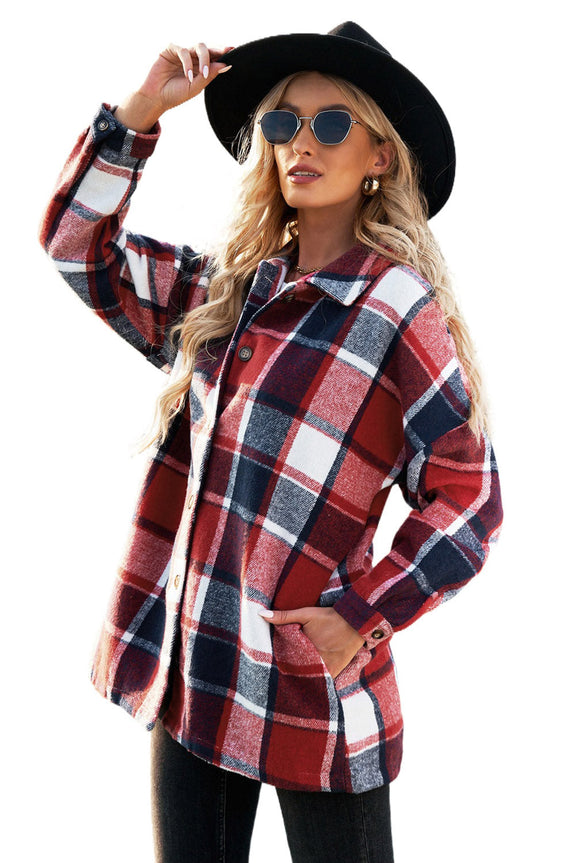 High Quality Red Plaid Print Buttoned Shirt Jacket