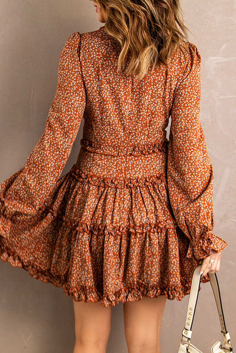 Brown Floral Print Tiered Ruffled V Neck Mini Dress