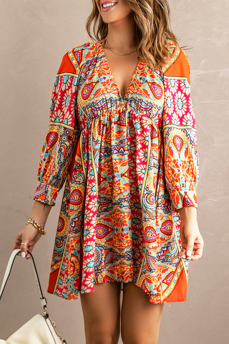 Deep V Neck 3/4 Sleeve Bohemian Dresses