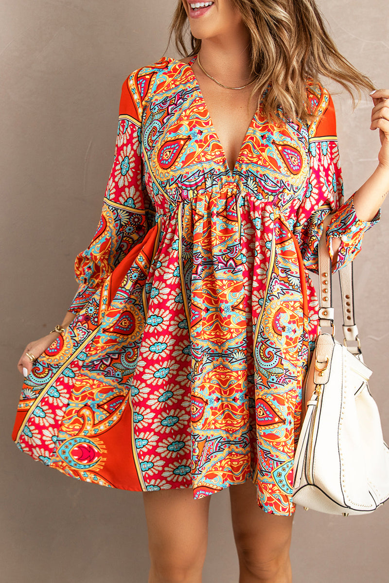 Deep V Neck 3/4 Sleeve Bohemian Dresses