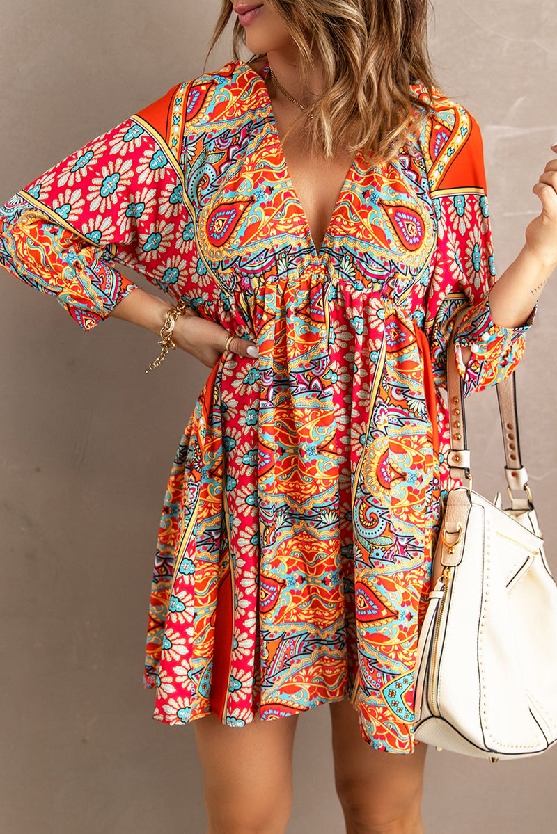 Deep V Neck 3/4 Sleeve Bohemian Dresses