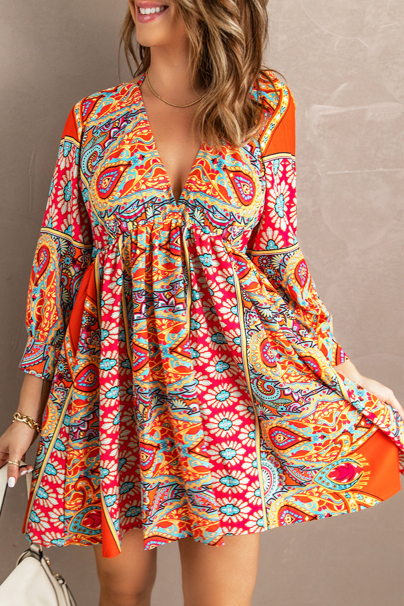 Deep V Neck 3/4 Sleeve Bohemian Dresses