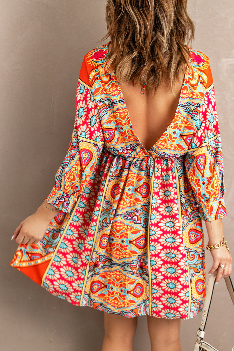 Deep V Neck 3/4 Sleeve Bohemian Dresses