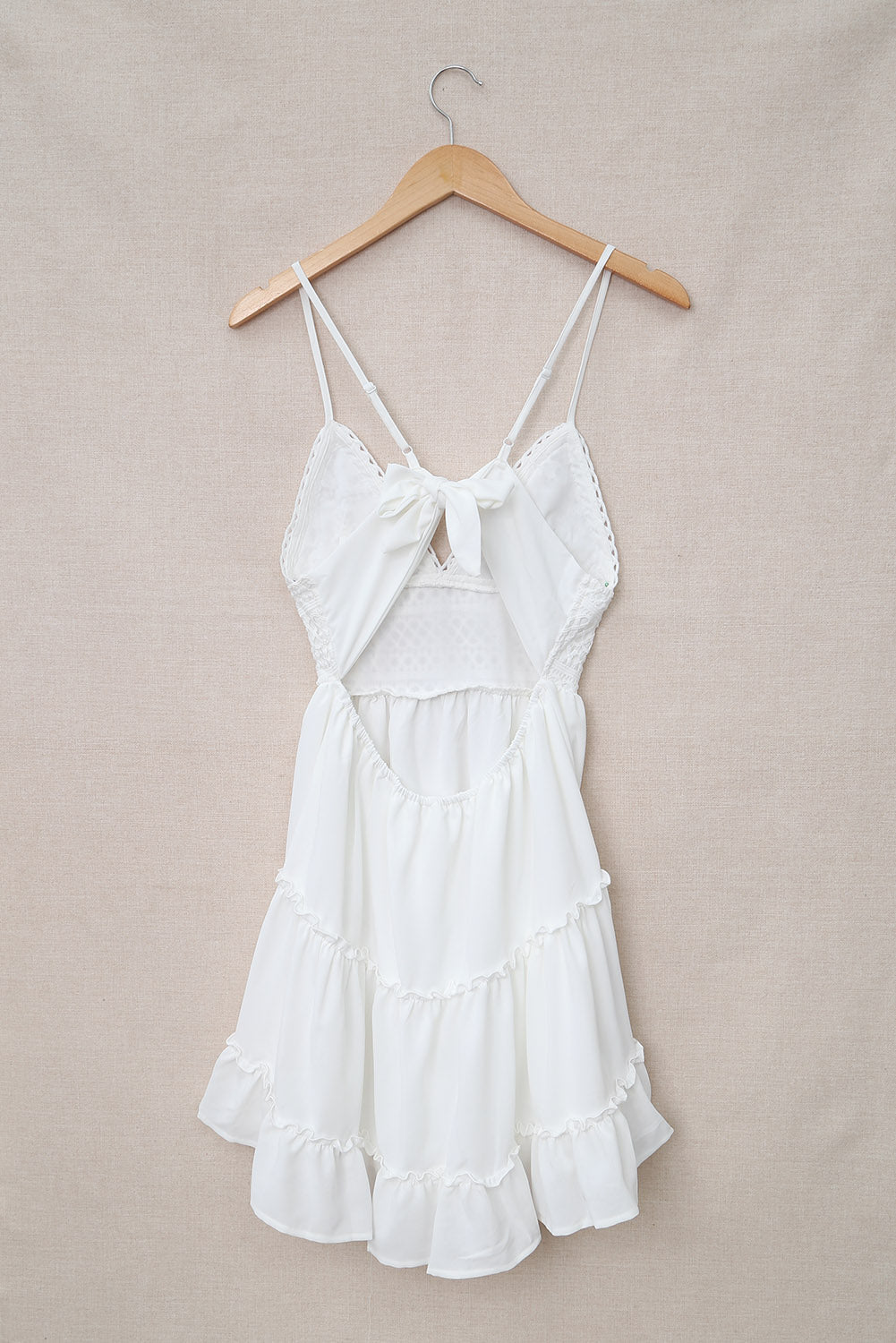 Cute White Spaghetti Straps V Neck Lace Bodice Ruffled Mini Dress